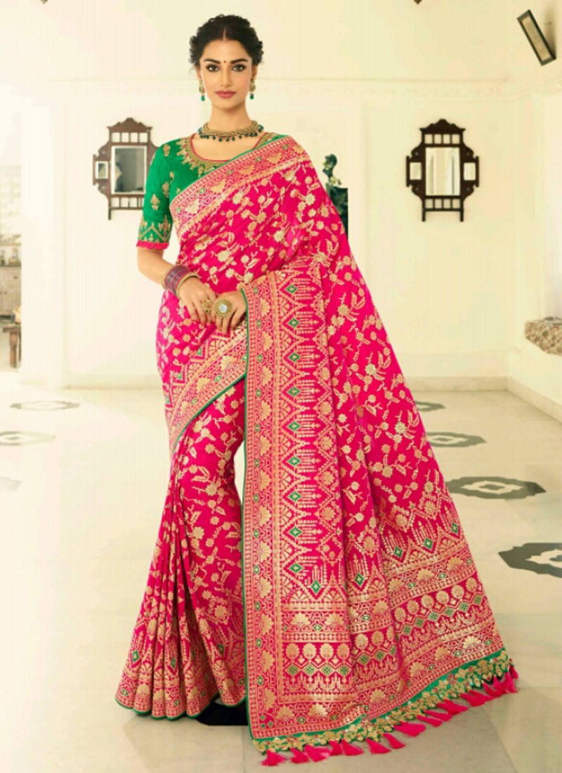 Saree Sari Bollywood Banarasi Blouse Party Wear Weaving Silk Zari Border Sari IS