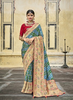 Aqua Blue And Green Weaving Wedding Contemporary Saree