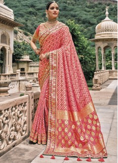 Attractive Bandhej Patola Pure Silk Saree With Heavy Work Blouse Piece