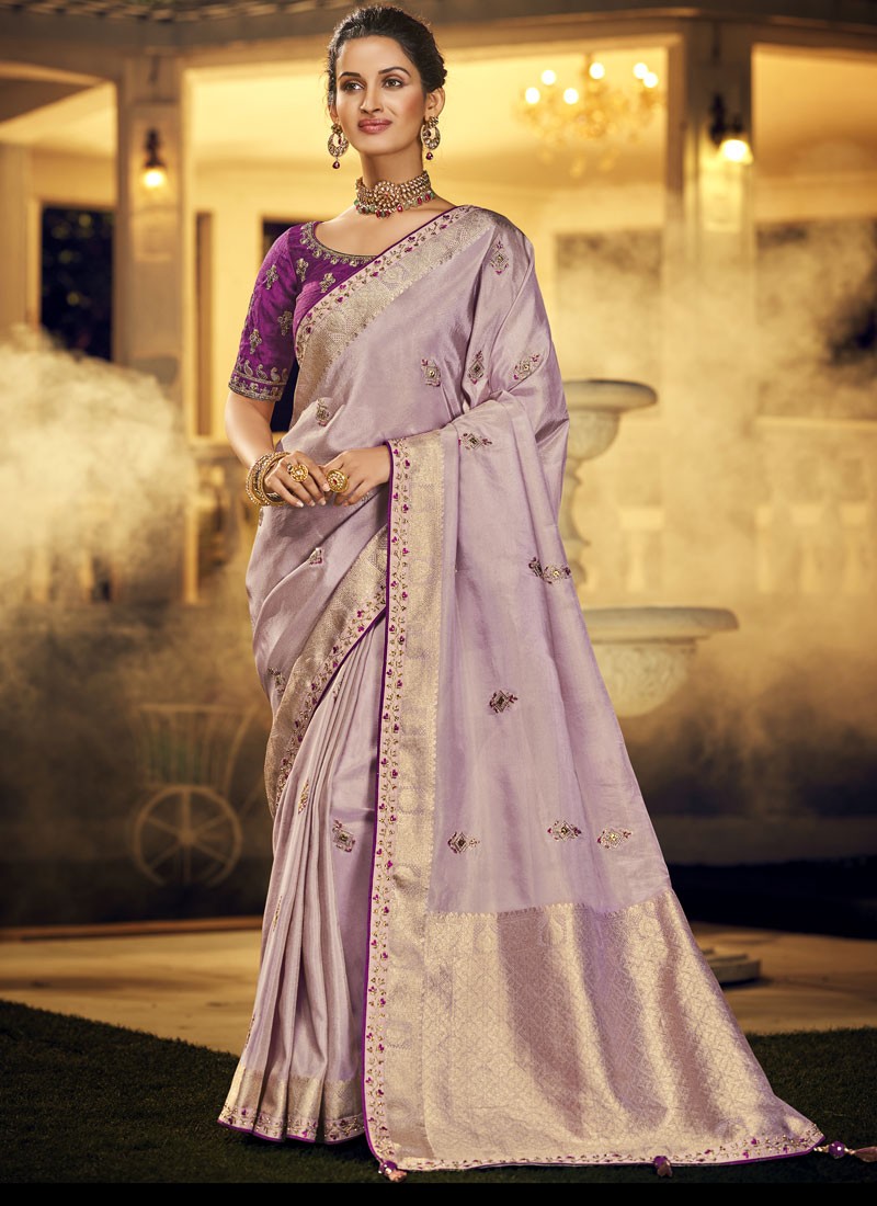 light violet colour saree contrast blouse