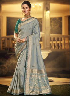 Attractive Dola Wiscos Fabric Saree With Contrast Heavy Work Blouse Piece