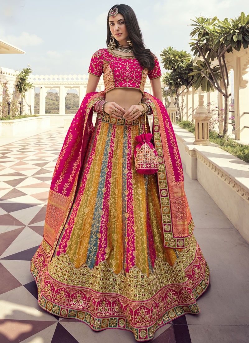 Attractive Multi Color Lehenga Choli With Contrast Dupatta