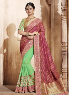 Auspicious Jacquard Silk Patch Border Work Half N Half Designer Saree