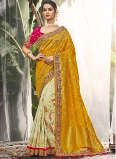 Banarasi Silk Saree With Decent Work Border And Contrast Heavy Work Blouse Piece