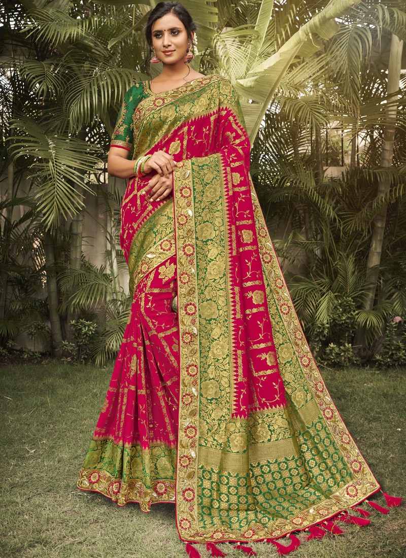 Banarasi Silk Saree With Decent Work Border And Contrast Heavy Work Blouse Piece