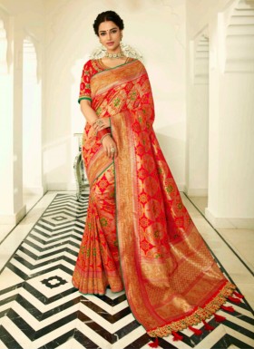 Banarasi Silk Saree With Zari Weaving And Heavy Work Blouse Piece