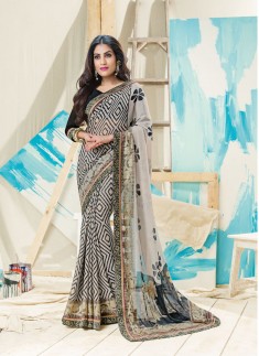 Beautiful Black And Grey Color Saree With Patli Pallu Style