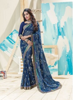 Beautiful Foil Print Saree In Nevy Blue Color