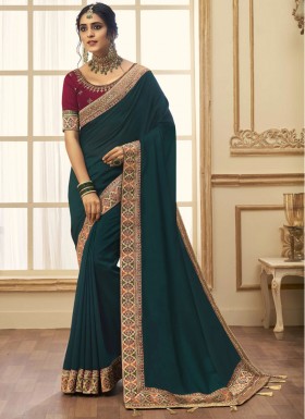 Beautiful Vichitra Silk Saree WIth Designer Heavy Work Blouse Piece