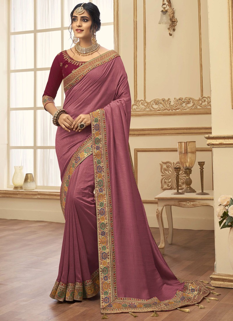 fancy saree saree dress Fancy vichitra silk with embroidery work saree and blouse for women pink saree wedding saree designer saree