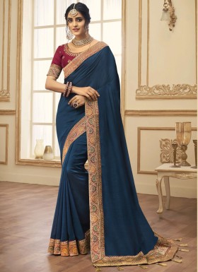Beautiful Vichitra Silk Saree With Designer Heavy Work Blouse Piece