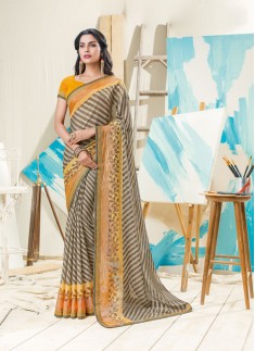 Beautiful Yellow Brown Combination Saree With Lehrya Print