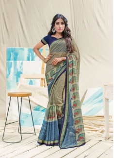 Bedge and Blue Color Skirt Border Saree With Contrast Blouse
