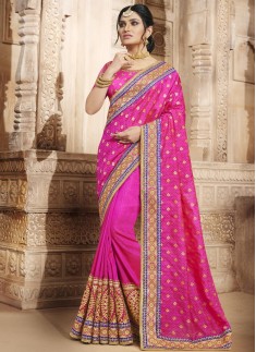 Best Hot Pink Patch Border Work Handloom silk Designer Traditional Saree