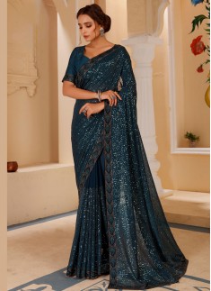 Blooming Georgette Saree With Heavy Sequins Work And Banglori Silk Fabric Blouse Piece