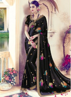 Blooming Patch Border Work Black Art Silk Designer Traditional Saree