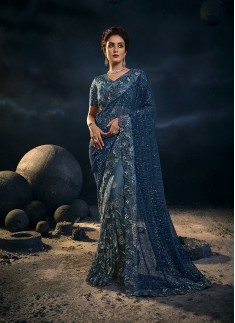 BLUE  DEGITAL NET SAREE