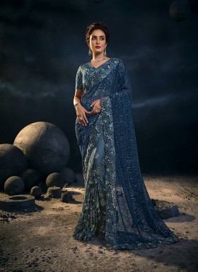 BLUE  DEGITAL NET SAREE