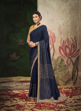 Blue Embroidered Crepe Silk Classic Saree