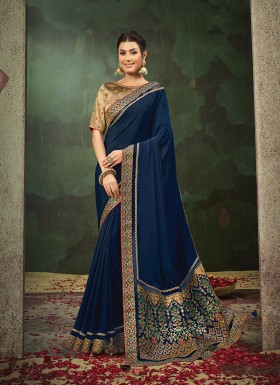 Blue Sequins Satin Silk Designer Saree