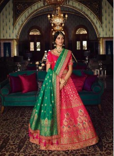 Classy Look Banarasi Silk Lehenga Choli With Contrast Dupatta With Small Work Border