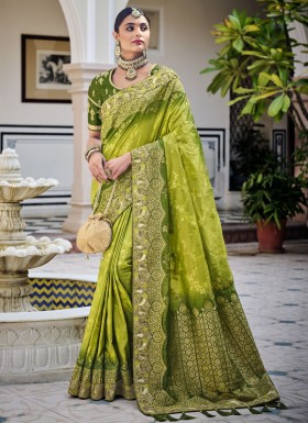 Classy Silk Saree With Contrast Heavy Work Blouse Piece