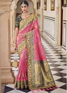 Classy Silk Saree With Contrast Heavy Work Blouse 