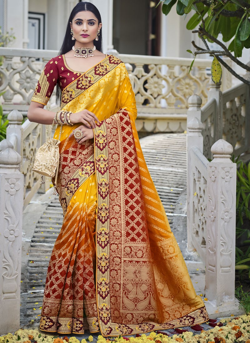 Classy Silk Saree With Contrast Heavy Work Blouse Piece