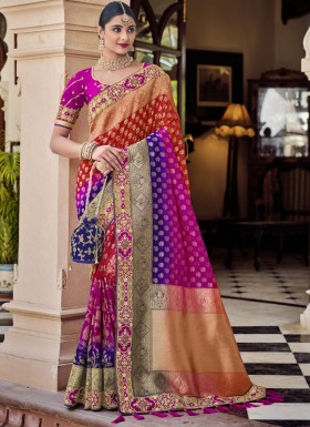 Classy Silk Saree With Contrast Heavy Work Blouse Piece