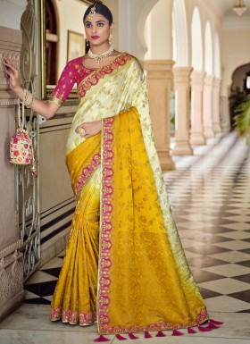 Classy Silk Saree With Contrast Heavy Work Blouse Piece