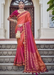 Classy Silk Saree With Contrast Heavy Work Blouse Piece