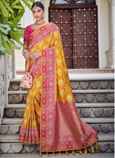 Classy Silk Saree With Contrast Heavy Work Blouse 