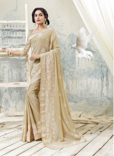 Cream Color Saree With Resham Work And Skirt Borde Style