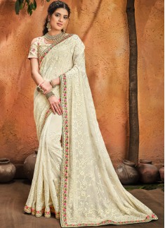 Cream Pure Georgette Saree With Lukhnowi Heavy Work ,Moti & Cut-Dana Heavy Work Including Heavy Work Blouse Piece