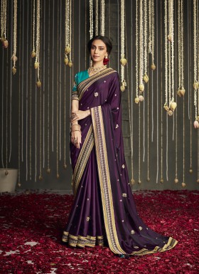 Dark Purple Silk Saree With Zari Border