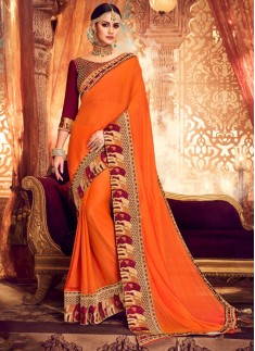 Decent Look Border Saree With Contrast Heavy Work Blouse Piece