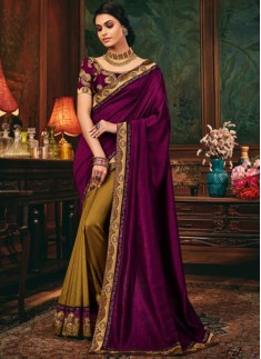 Decent Look Half N Half Style Saree With Contrast Heavy Work Blouse Piece