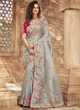 Decent Look Organza Saree With Contrast Heavy Work Blouse Piece