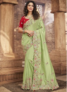 Decent Look Organza Saree With Contrast Heavy Work Blouse Piece