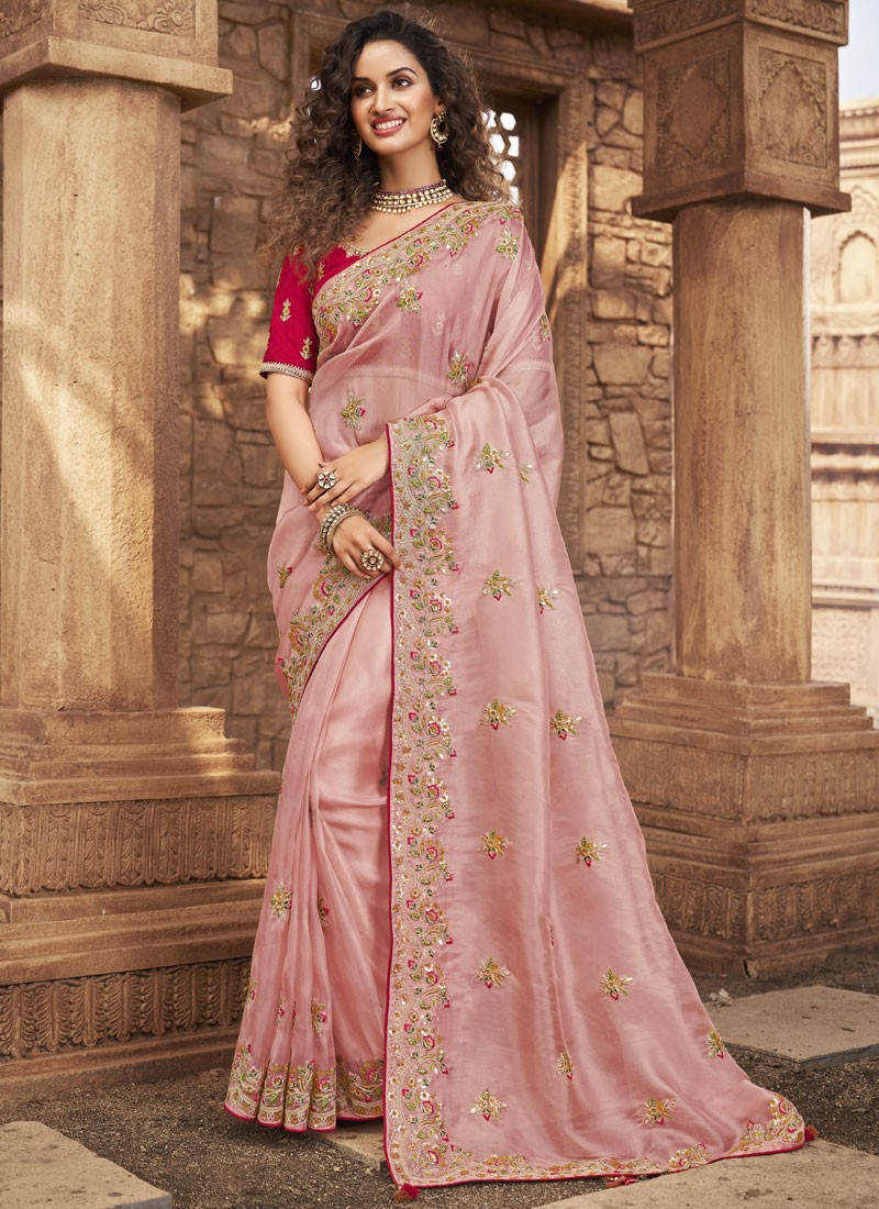 Decent Look Organza Saree With Contrast Heavy Work Blouse Piece