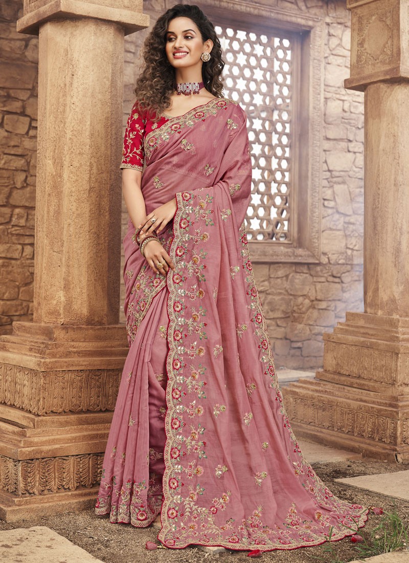 Decent Look Organza Saree With Contrast Heavy Work Blouse Piece