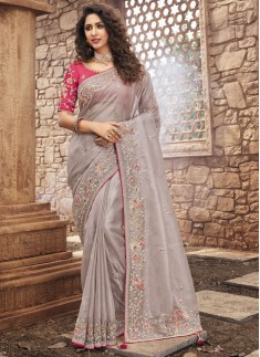 Decent Look Organza Saree With Contrast Heavy Work