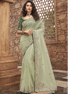 Decent Look Organza Saree With Contrast Heavy Work