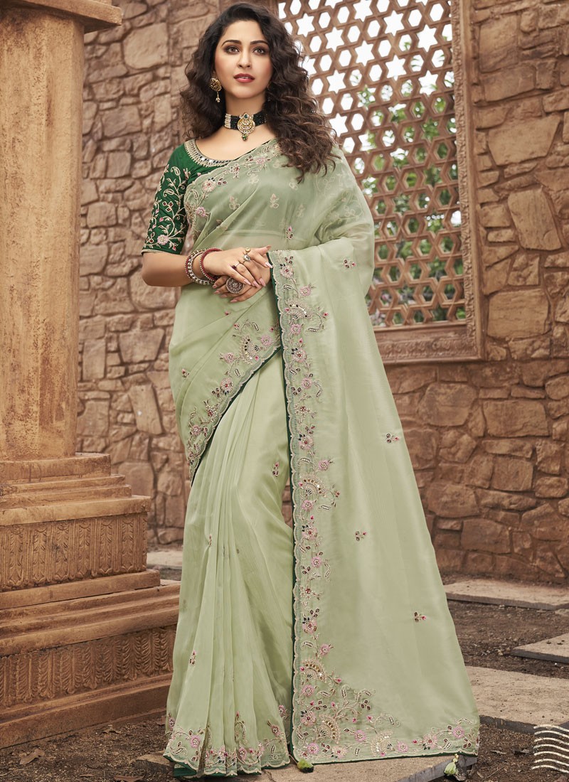 Decent Look Organza Saree With Contrast Heavy Work Blouse Piece