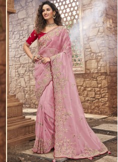 Decent Look Organza Saree With Contrast Heavy Work Blouse Piece