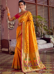 Decent Look Soft Silk Saree with Contrast Heavy Work Blouse Piece