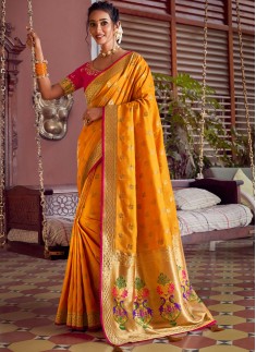Stunning Banarasi Silk Fabric Saree With ontrast Heavy Work Blouse