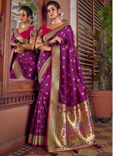 Decent Look Soft Silk Saree with Contrast Heavy Work Blouse Piece