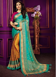 Decent Print Saree With Contrast Diamond Work Blouse Piece