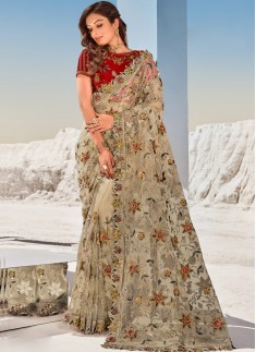 Designer Digital Net Saree With Contrast Heavy Blouse Piece